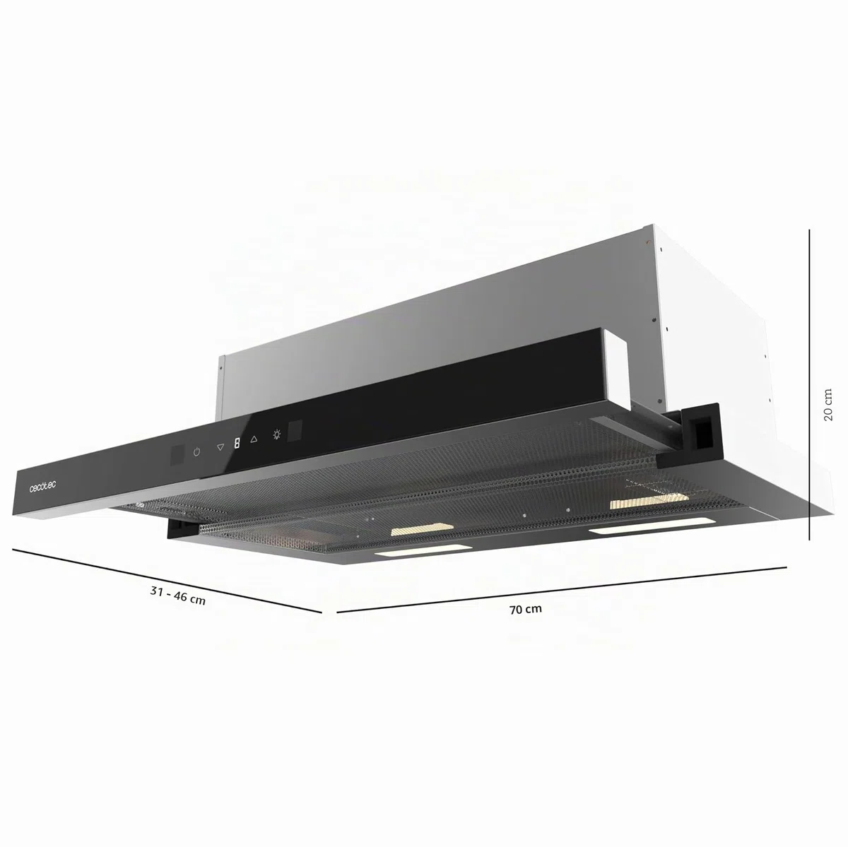 Cecotec Cappa Aspirante 70cm Telescopica Bolero Flux TLT 704400 Glass Black A+++. Aspirazione 431,2m³/h, Basso Consumo, Motore DC, Controllo Movimento e Touch, Vetro Frontale Nero, Corpo Acciaio Inox