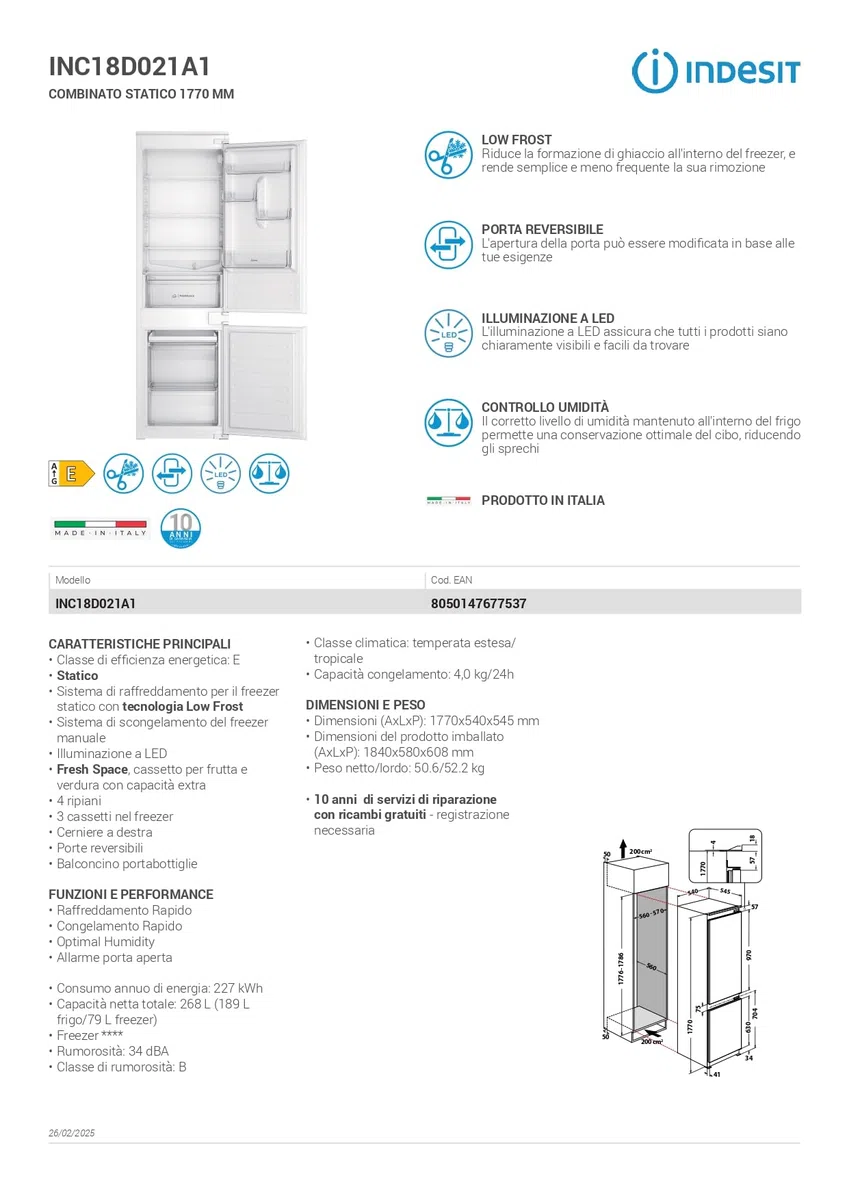 Indesit INC18D021A1 Frigorifero Combinato, Statico, Tecnologia Low Frost, Altezza 177 cm, 34 dBA, Porte Reversibili, Illuminazione Led, Controllo Umidità, Allarme Porta Aperta, Classe Energetica E