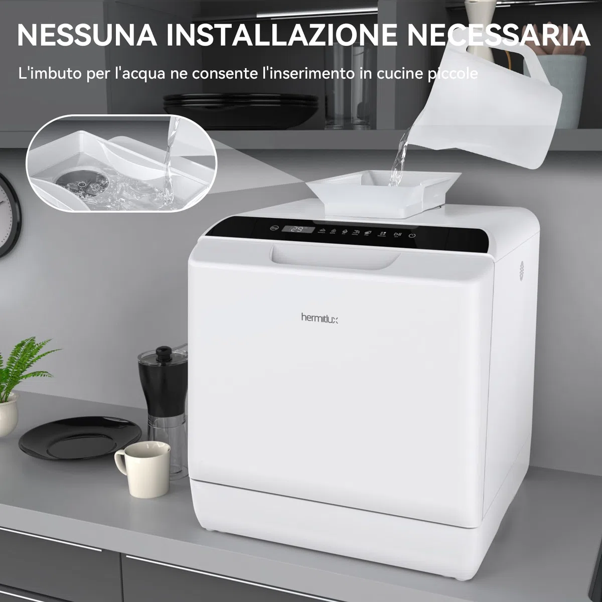 Hermitlux Lavastoviglie piccola con 4 Coperti, 6 Programmi lavastoviglie mini, Controllo touch, utilizzabile in Campeggio, Cucina, Ufficio, Bianco