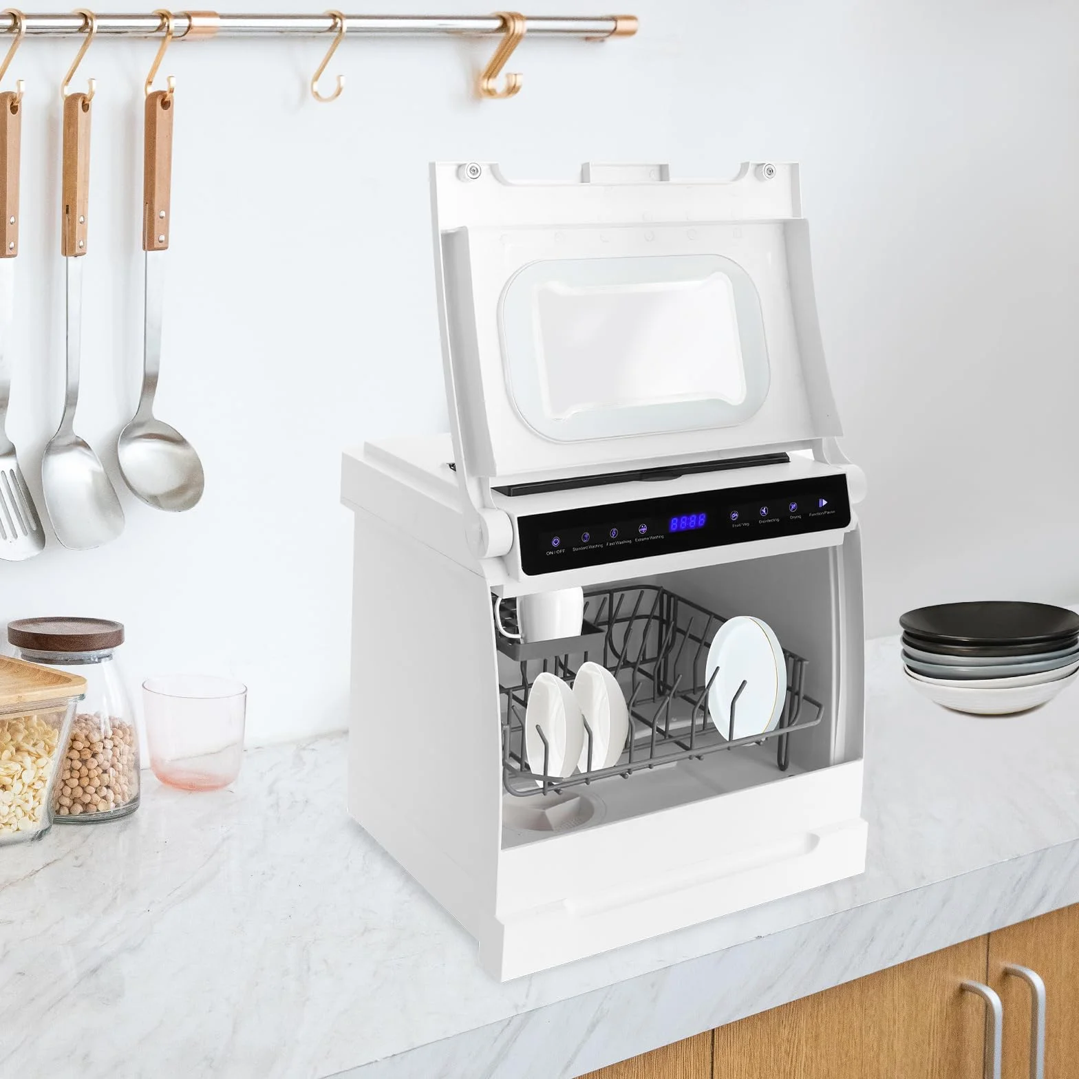 Lavastoviglie da tavolo, quattro modalità di lavaggio, controllo tattile, mini lavastoviglie, asciugatura e disinfezione automatiche, piccola lavastoviglie con cestello portaposate rimovibile e
