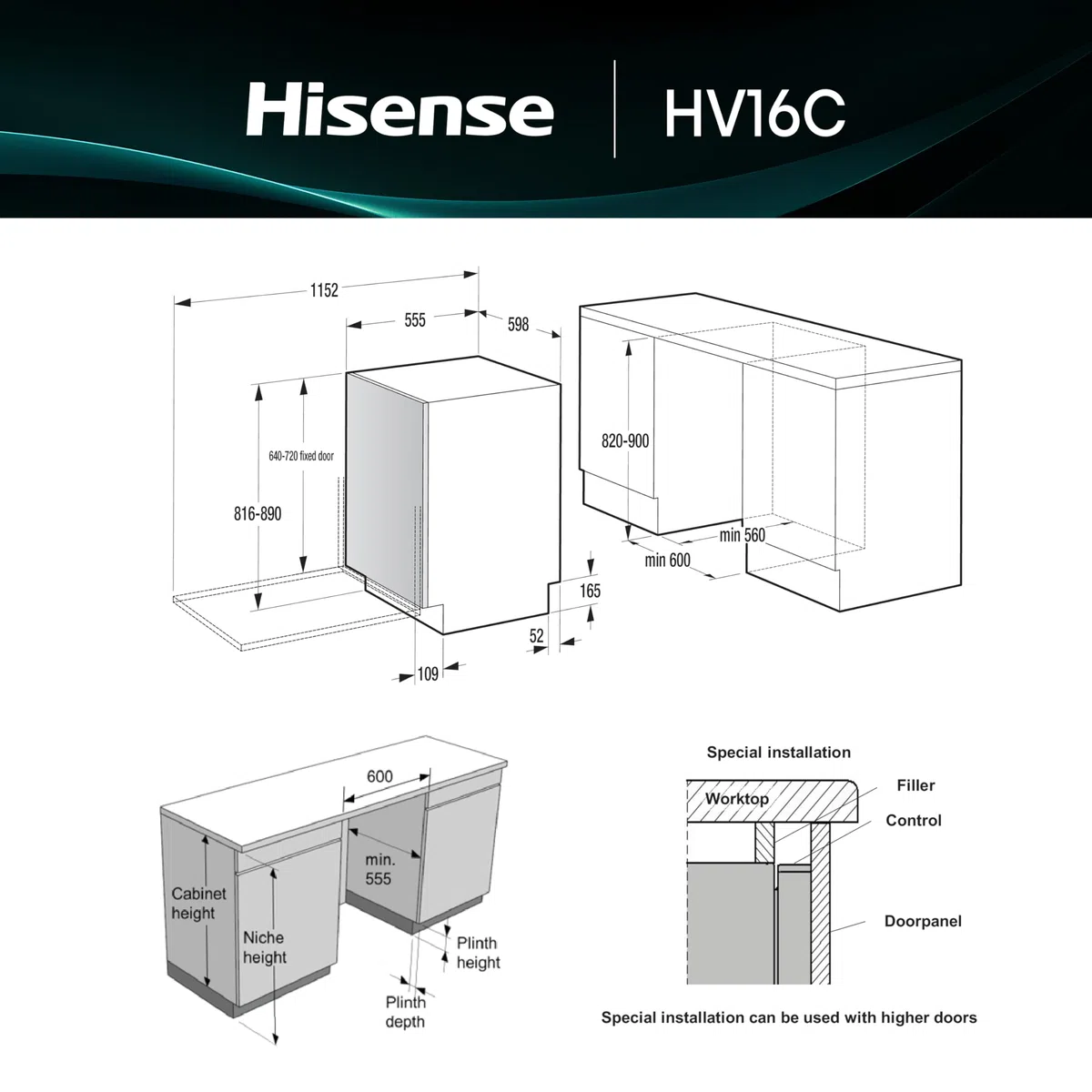 Hisense HV16C Lavastoviglie Classe C 16 Coperti Terzo Cesto 43dB 6 Programmi Partenza Ritardata Total Dry Incasso