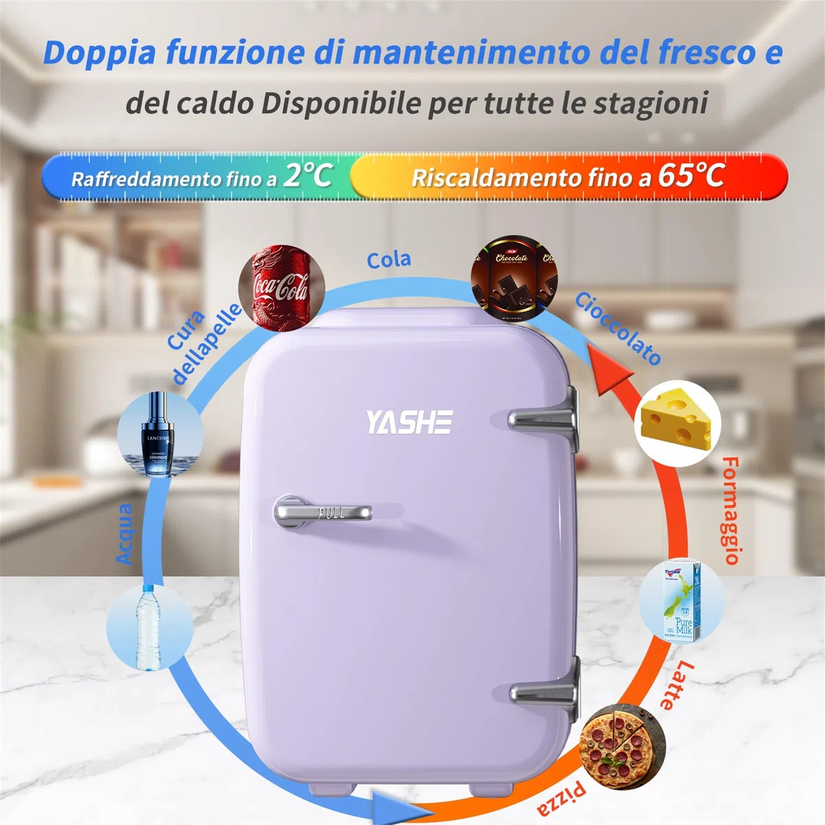YASHE Mini frigo da camera, 4L frigorifero piccolo per la cura della pelle, 220V CA/12V CC, termoelettrico e scaldino per bevande, ufficio, dormitorio, auto, Viola