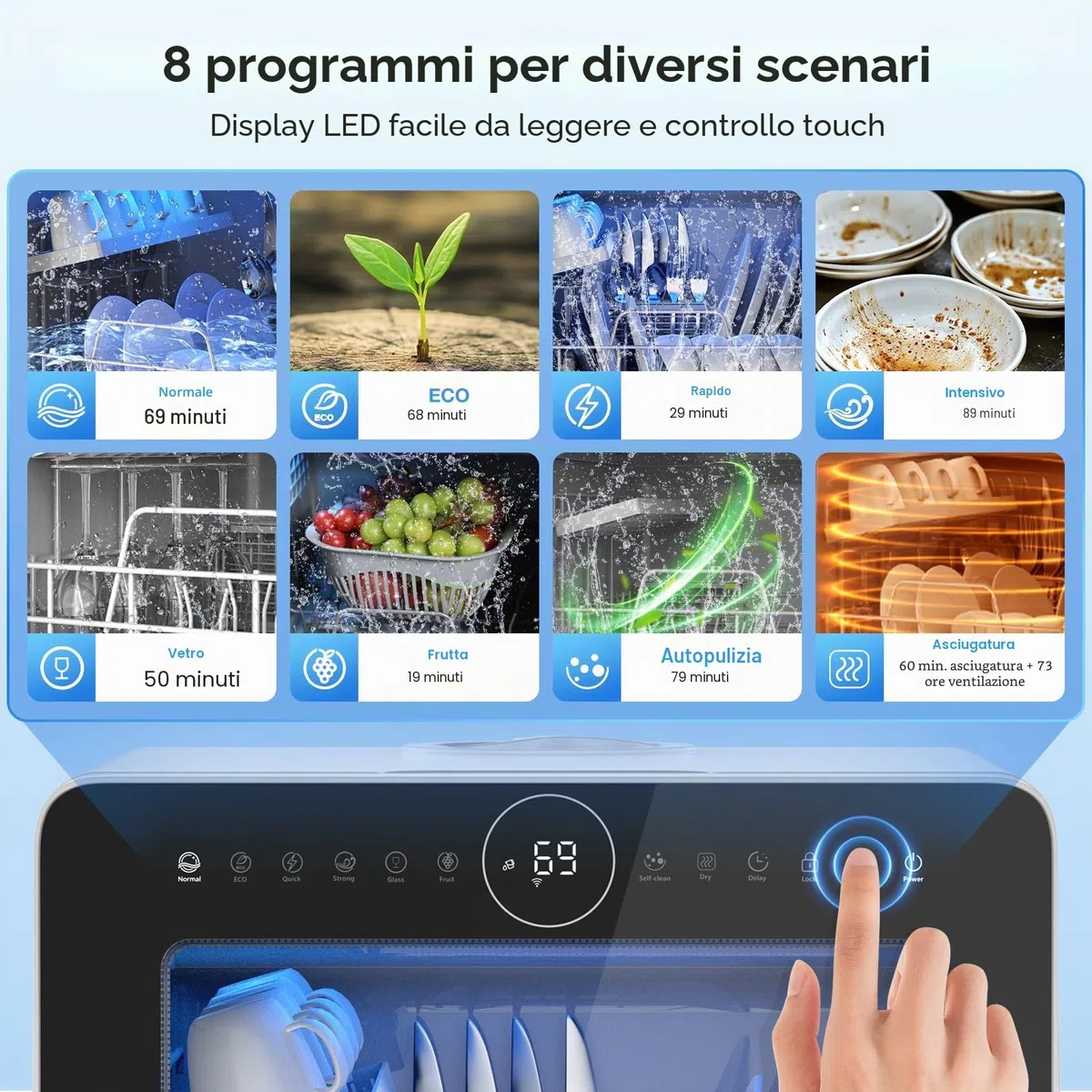 Mini lavastoviglie BLITZHOME controllo smart app, 8 programmi, lavastoviglie da tavolo portatile, serbatoio dell'acqua da 5 l, utilizzabile con/senza collegamento acqua, asciutto, prenotazione