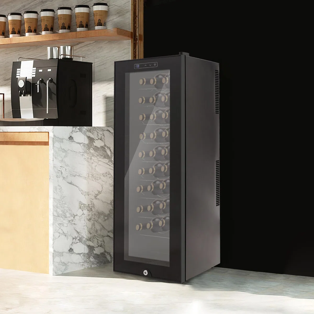 Frigorifero per vino, 30 bottiglie, 90 l, illuminazione a LED, freestanding Wine Fridge con touchscreen, porta in vetro rinforzata, 50,5 x 34,5 x 98,5 cm