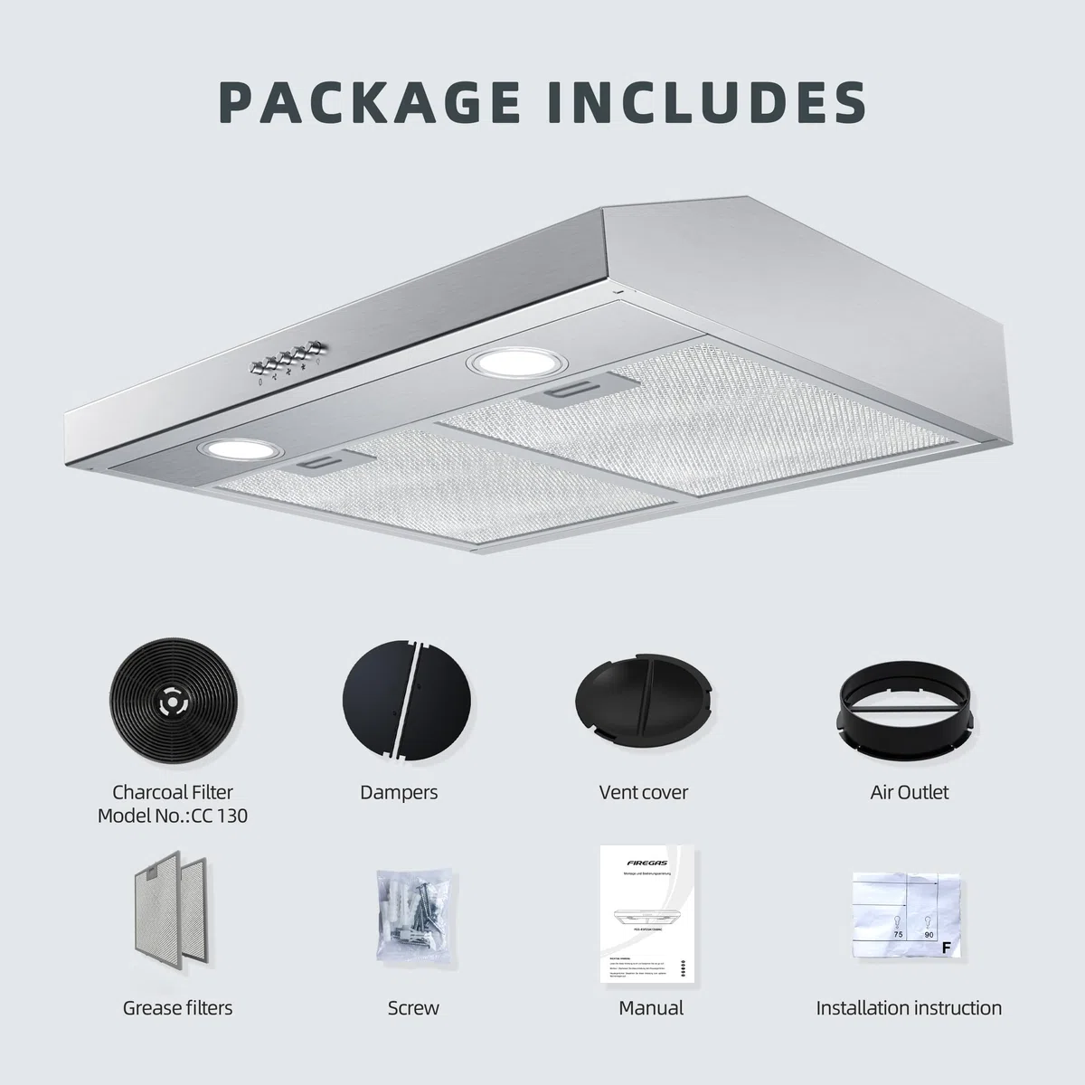 FIREGAS Cappa sottopensile da 60 cm, scarico e ricircolo, motore brushless, risparmio energetico, 3 velocità, acciaio inox, efficienza classificata A