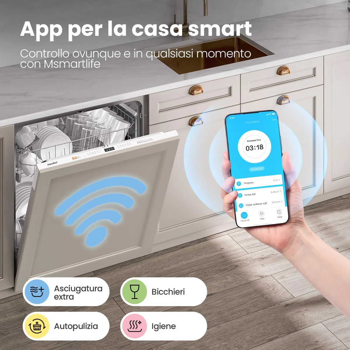 COMFEE' CDWPB1215P-W Lavastoviglie da Incasso 12 coperti 8 Programmi Home Connect Inox
