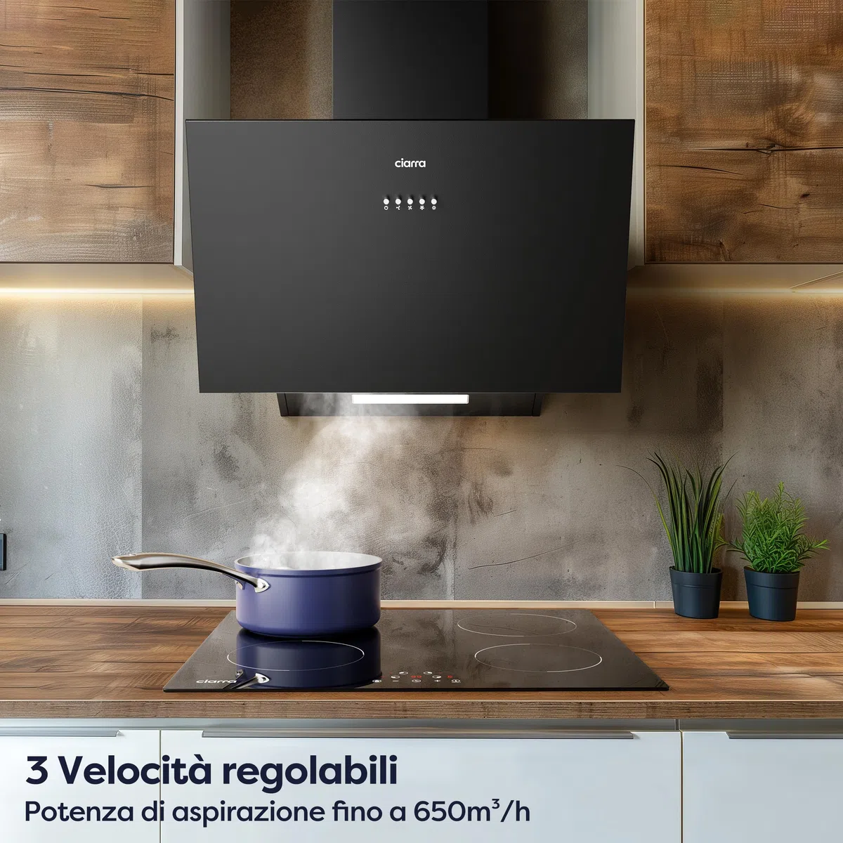 CIARRA Cappa Aspirante Inclinata 60 cm 650 m³/h Classe A+++ Cappa da Cucina 3 Velocità Nero