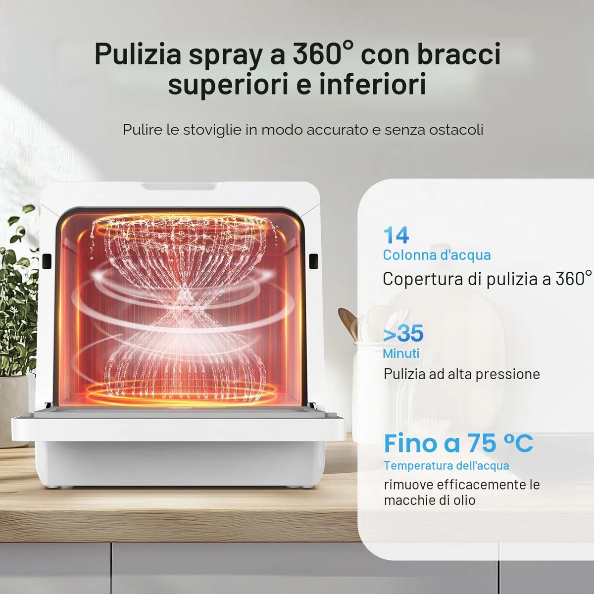Mini lavastoviglie BLITZHOME controllo smart app, 8 programmi, lavastoviglie da tavolo portatile, serbatoio dell'acqua da 5 l, utilizzabile con/senza collegamento acqua, asciutto, prenotazione