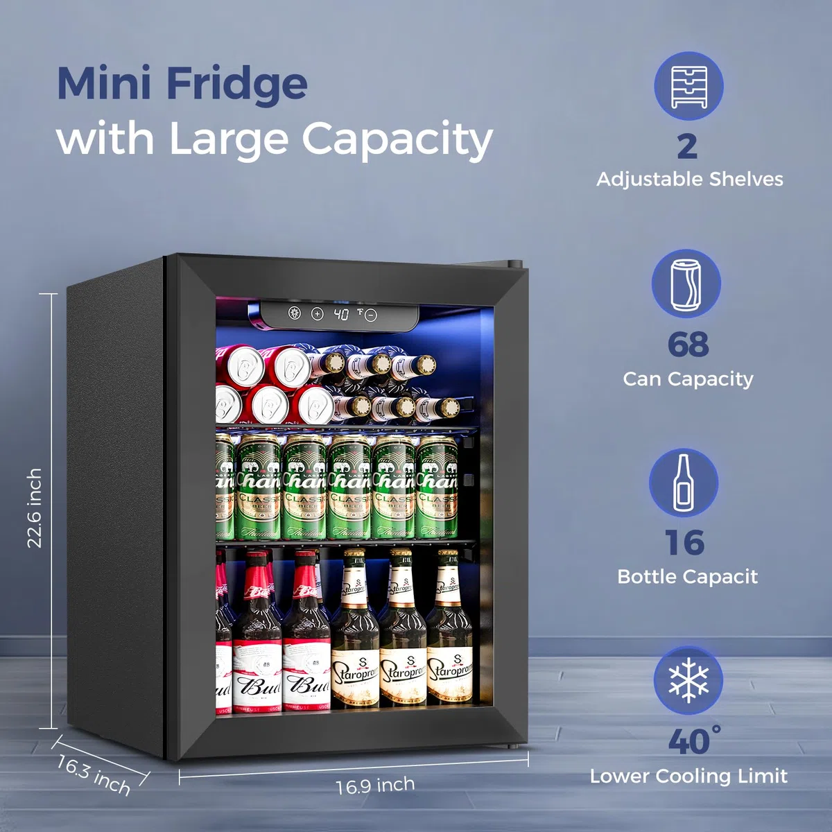 Feelfunn - Piccolo frigorifero per bevande da 1,7 piedi cubi - Mini frigorifero da 68 lattine con porta in vetro per bibite, birra, vino - Piccolo frigorifero per camera da letto, ufficio