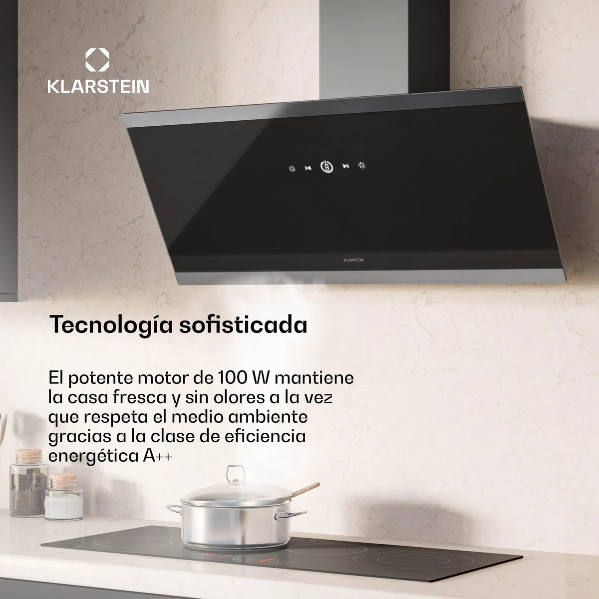 Klarstein FlashLine - Cappa da Cucina da 90cm, Cappa Inclinata, Touchscreen, 524 m³/ora, Efficienza Energetica A++, LED, Silenziosa: 34,5 dB, Nero, Scarico & Ricircolo