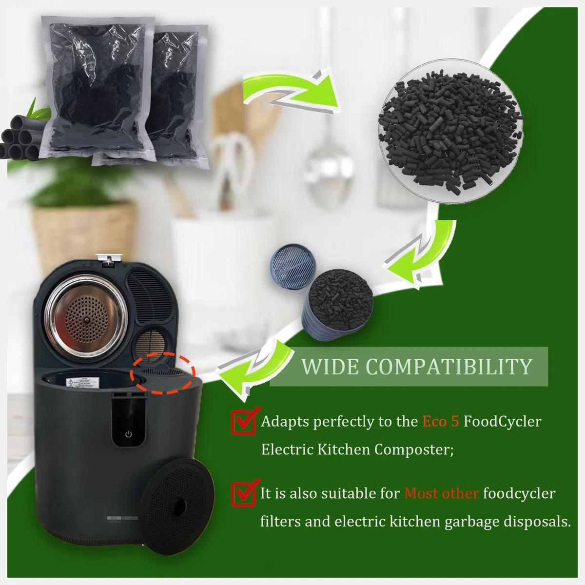 PurifyLogix Ricarica al carbone attivo per compostaggio da banco Eco 5 FoodCycler, 2 pezzi, filtro di ricambio compatibile con filtri per compostaggio da banco elettrici da interno FoodCycler