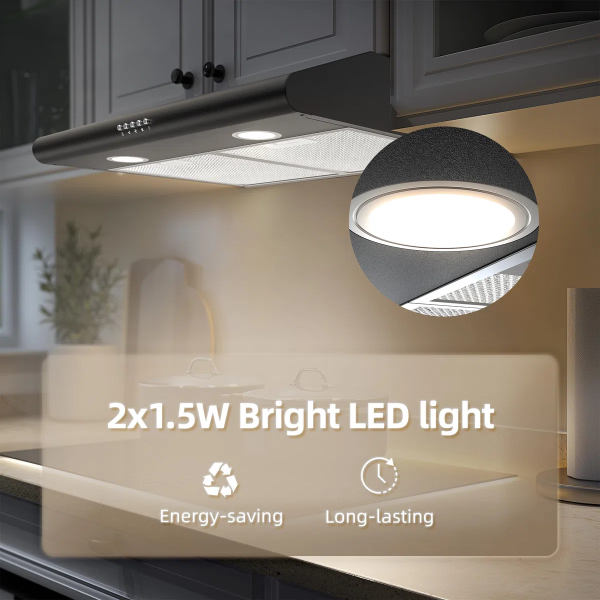 FIREGAS Cappa da incasso 60 cm, cappa aspirante con motore DC senza spazzole, possibile aria, 3 livelli di ventilazione, illuminazione a LED, colore nero