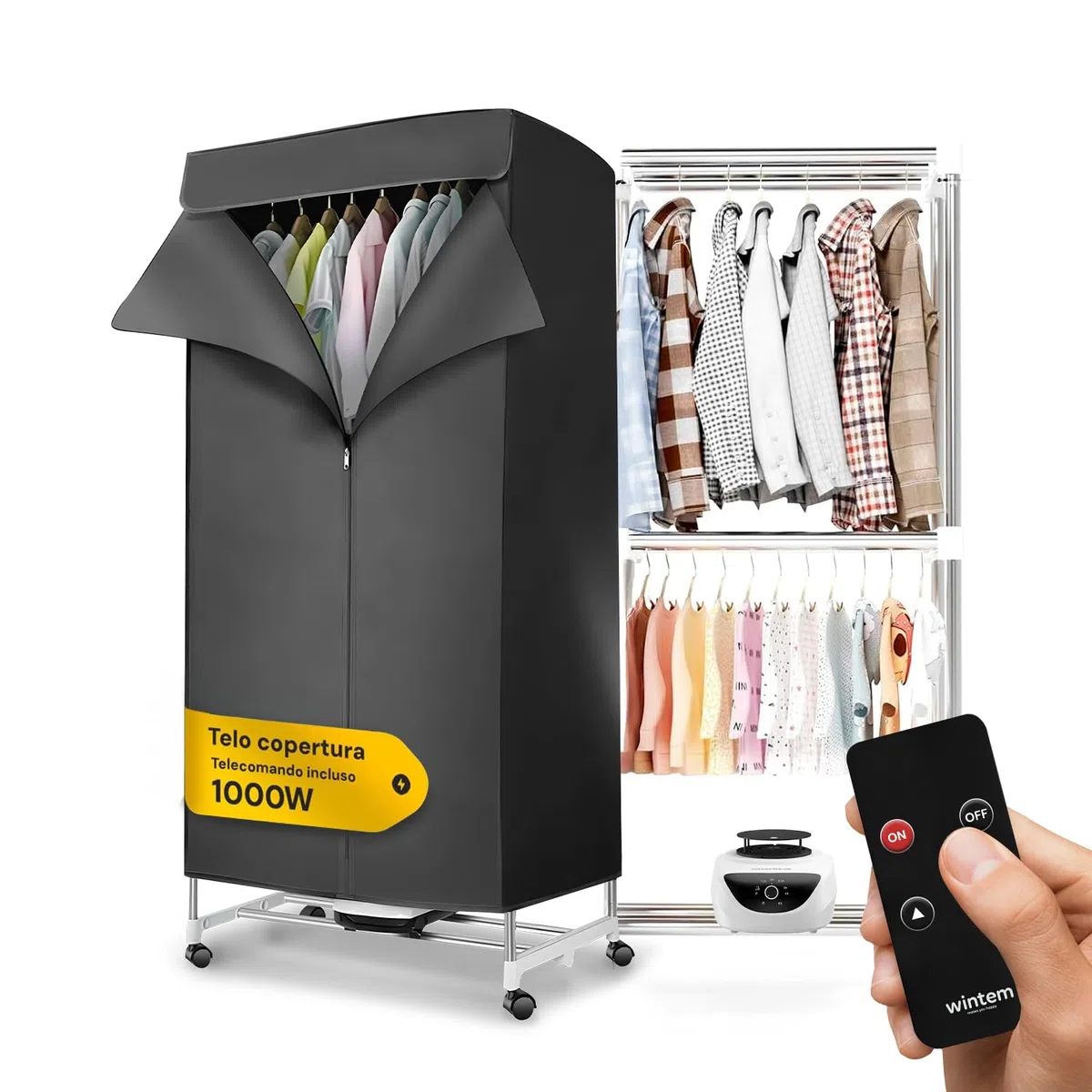 Asciugabiancheria Asciugatrice ad Aria Rettangolare 1000W con Timer 4 Ore, Telo di Copertura e Telecomando, Multiuso come Stendibiancheria Elettrico e Armadio Portatile fino a 15-20KG di Bucato