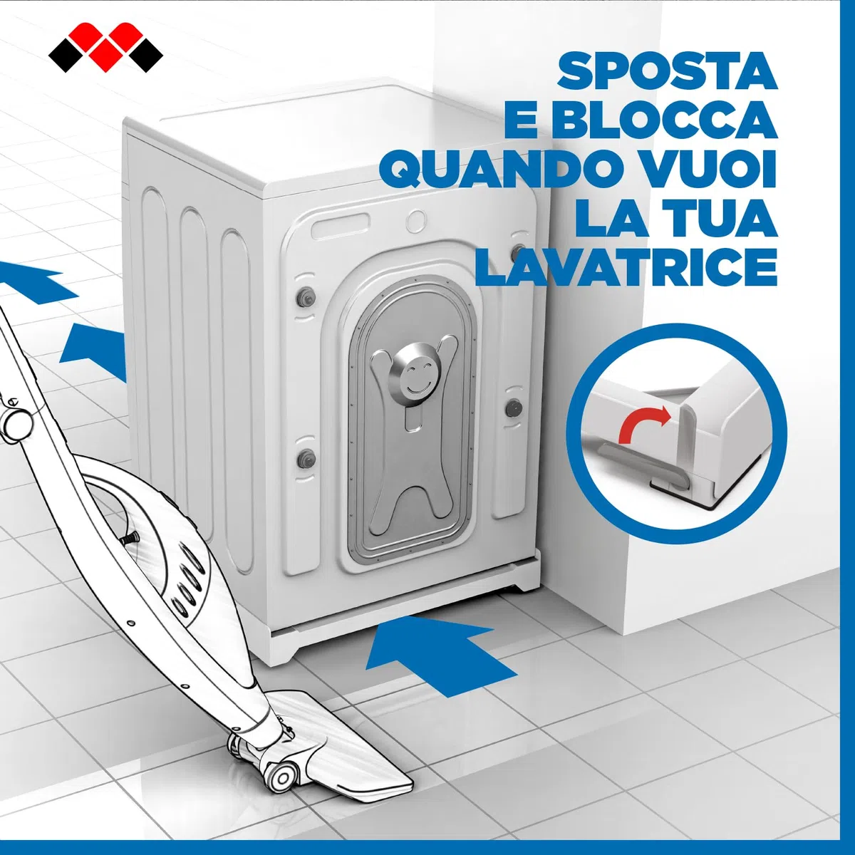 Meliconi BASE MOVE EVO SIOC, Base per Lavatrice con Ruote e Freni, 60x60cm, 250kg, Bianca