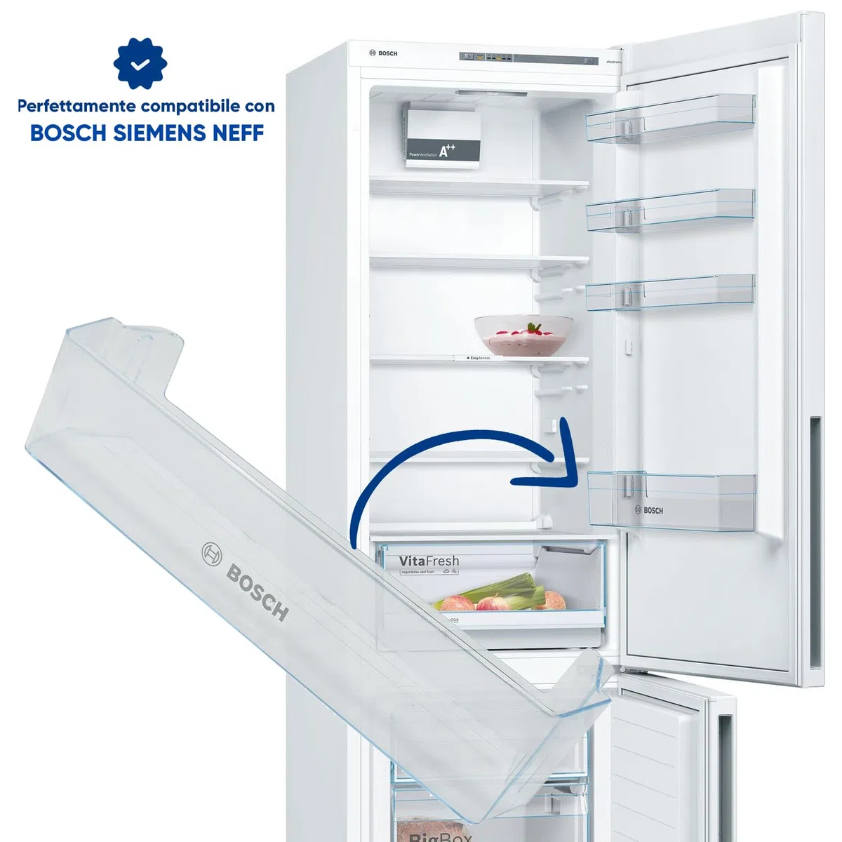 ERICAMBI® Mensola Balconcino Portabottiglie Inferiore per Frigorifero, Compatibile con Bosch Siemens Neff Balay, Dimensioni: 458x100x120 (mm) per Modelli: 3KFE KDN KGE KGN KGV