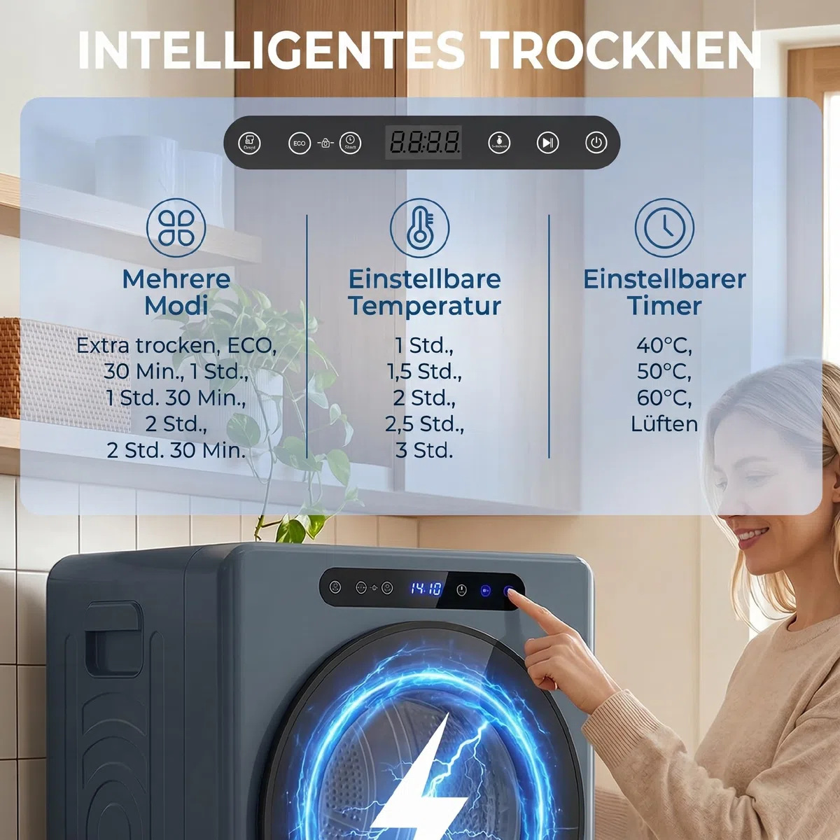 HOMCOM Mini asciugatrice di scarico 5 kg con sterilizzazione, 6 programmi fino a 60 ℃, 1000 W asciugatrice con touch screen tamburo in acciaio inox, timer, per camper, casa, blu