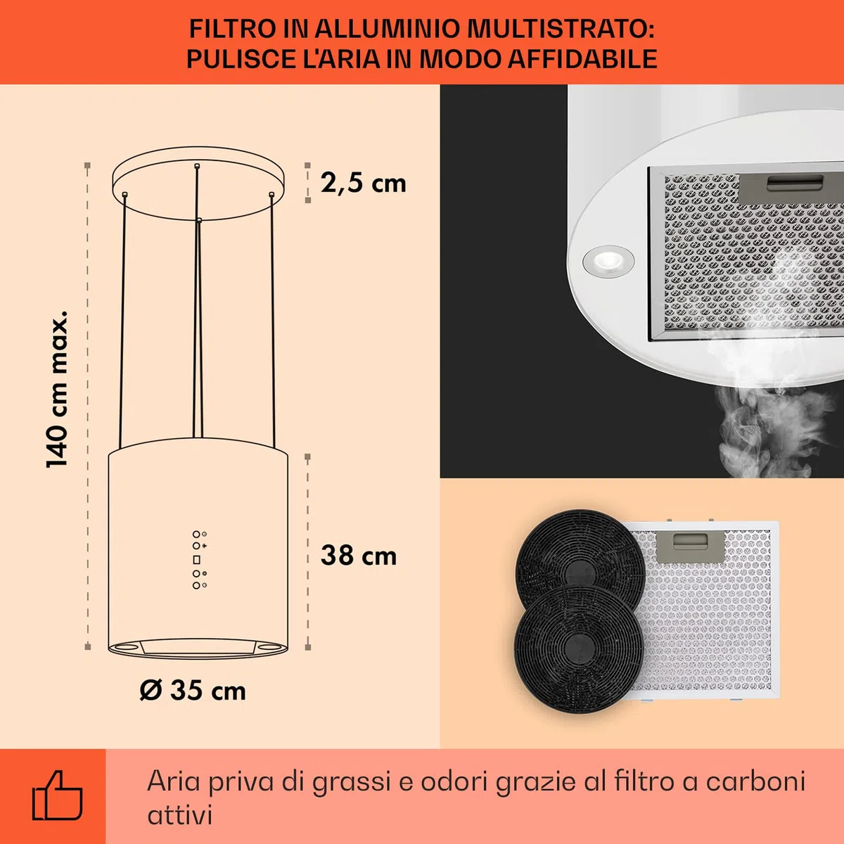Klarstein Cappa Sospesa Isola Cucina LED 558m³/h Filtri Antigrasso Carboni Attivi
