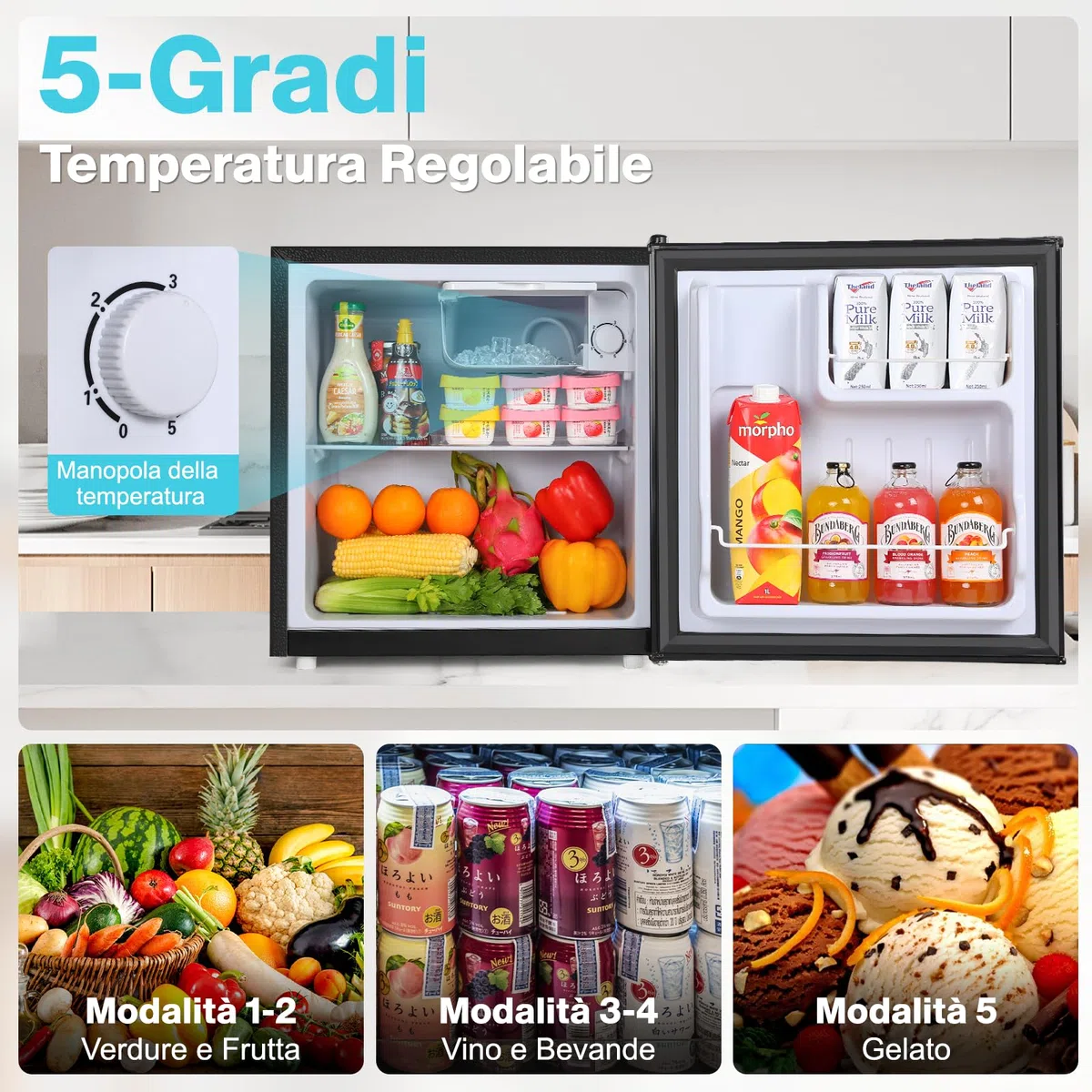 YASHE 52L Frigorifero Piccolo con Congelatore, Mini Frigo da Camera, Termostato Regolabile a 5 Livelli, Porta Reversibile e Silenzioso, Frigorifero Compatto per Ufficio, Casa e Camper