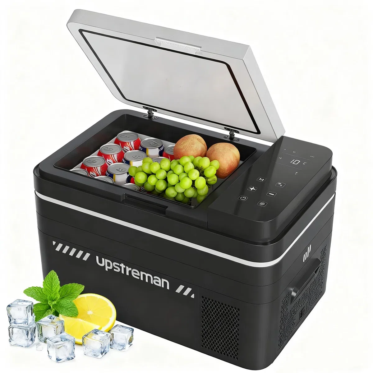 Upstreman 30L Frigorifero Portatile a Compressione, 12/24V & 220V Frigo per Auto, -20℃~20℃ Frigorifero Portatile Con LED, Mini Frigo per Auto, Camion, Campeggio, Nero, AR30