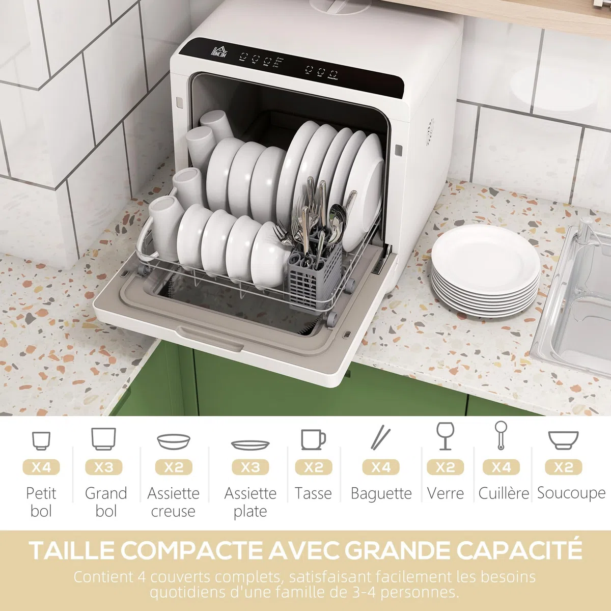 HOMCOM Mini lavastoviglie, lavastoviglie da tavolo, 5 programmi, doppia alimentazione dell'acqua e modalità di lavaggio della frutta, serbatoio dell'acqua da 6 L, comandi a sfioramento, display LED,