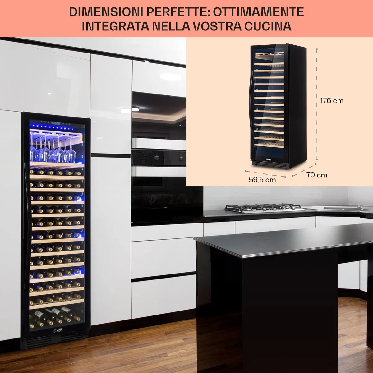 Klarstein Cantinetta Vino Design da Incasso, Cantinetta Vino Refrigerata a Zona Singola per Vino Rosso, Bianco e Birra, Controlli Touch, Frigo Vino Cantinetta per Esterno/Interno, 433L, 165 Bottiglie