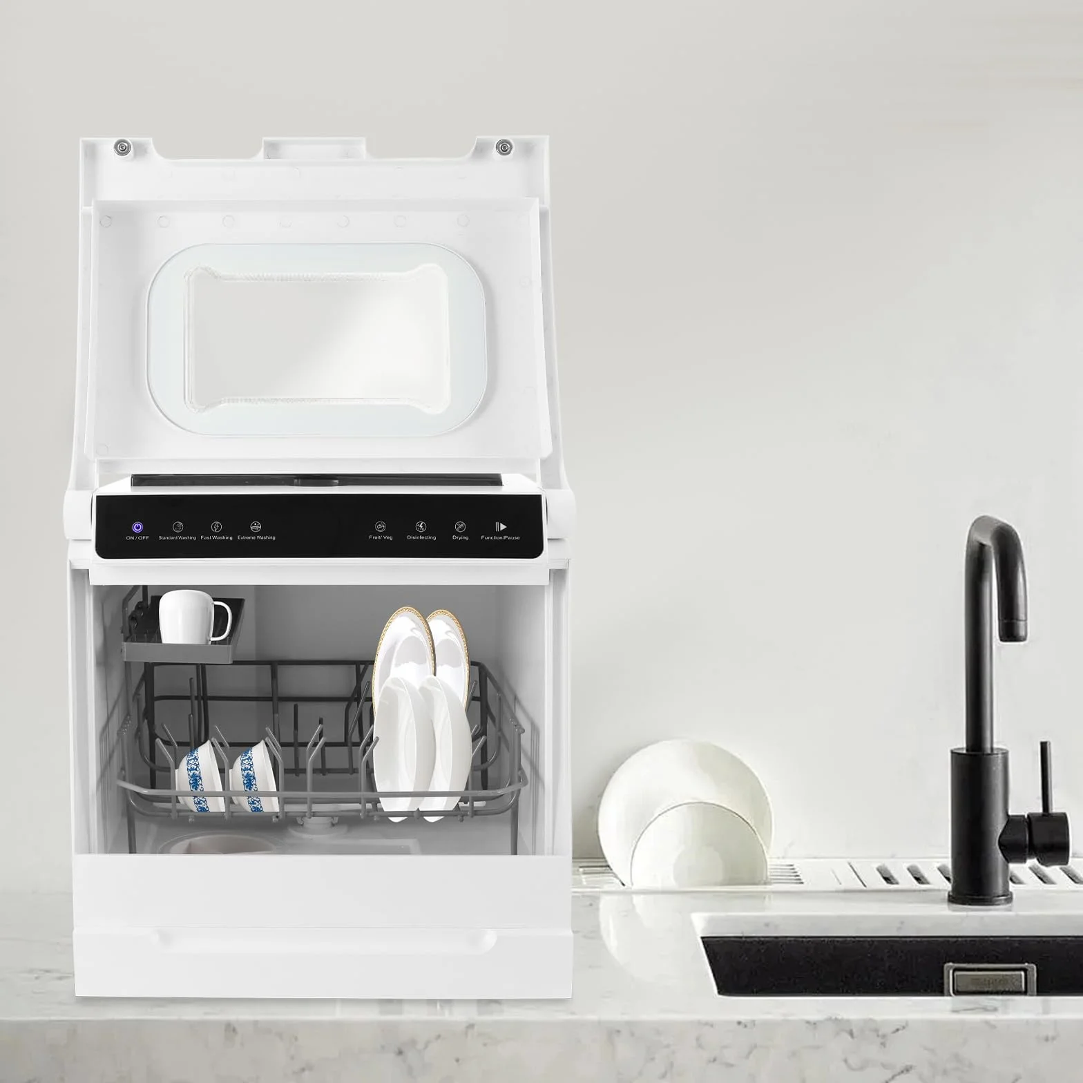 Lavastoviglie da tavolo 1100W con 5 programmi e asciugatura ad aria calda, per 4-6 persone, 72h di conservazione, pannello di controllo touch, finestra, silenzioso 52dB, per appartamento, camper