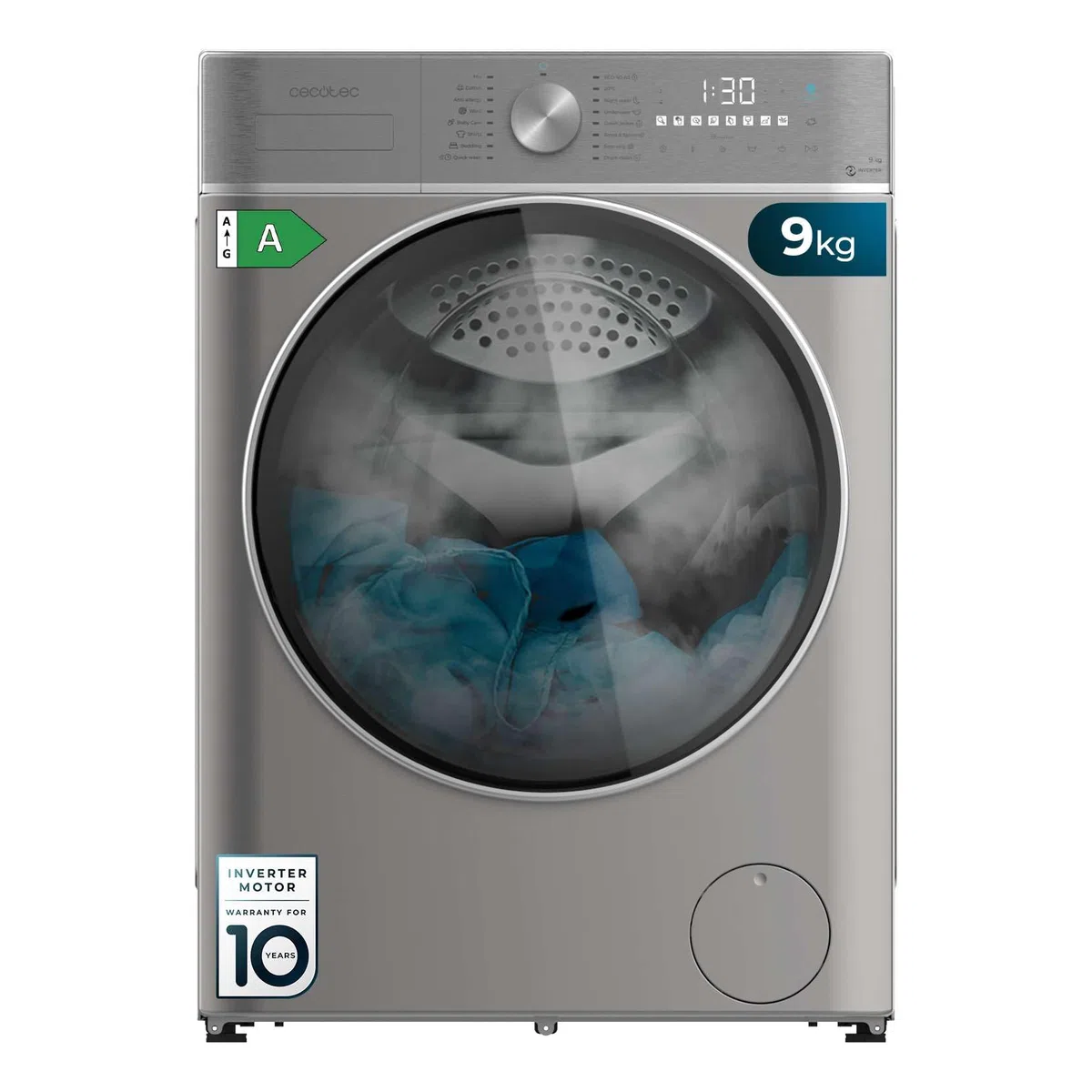 Cecotec Lavatrice 9 Kg di carico frontale Bolero DressCode 9800 Inverter Steel A. 1400 giri/min, classe A, 16 programmi, motore Inverter Plus, SteamMax, OnSmart, SpaCare, Fuzzy Logic e Display Touch