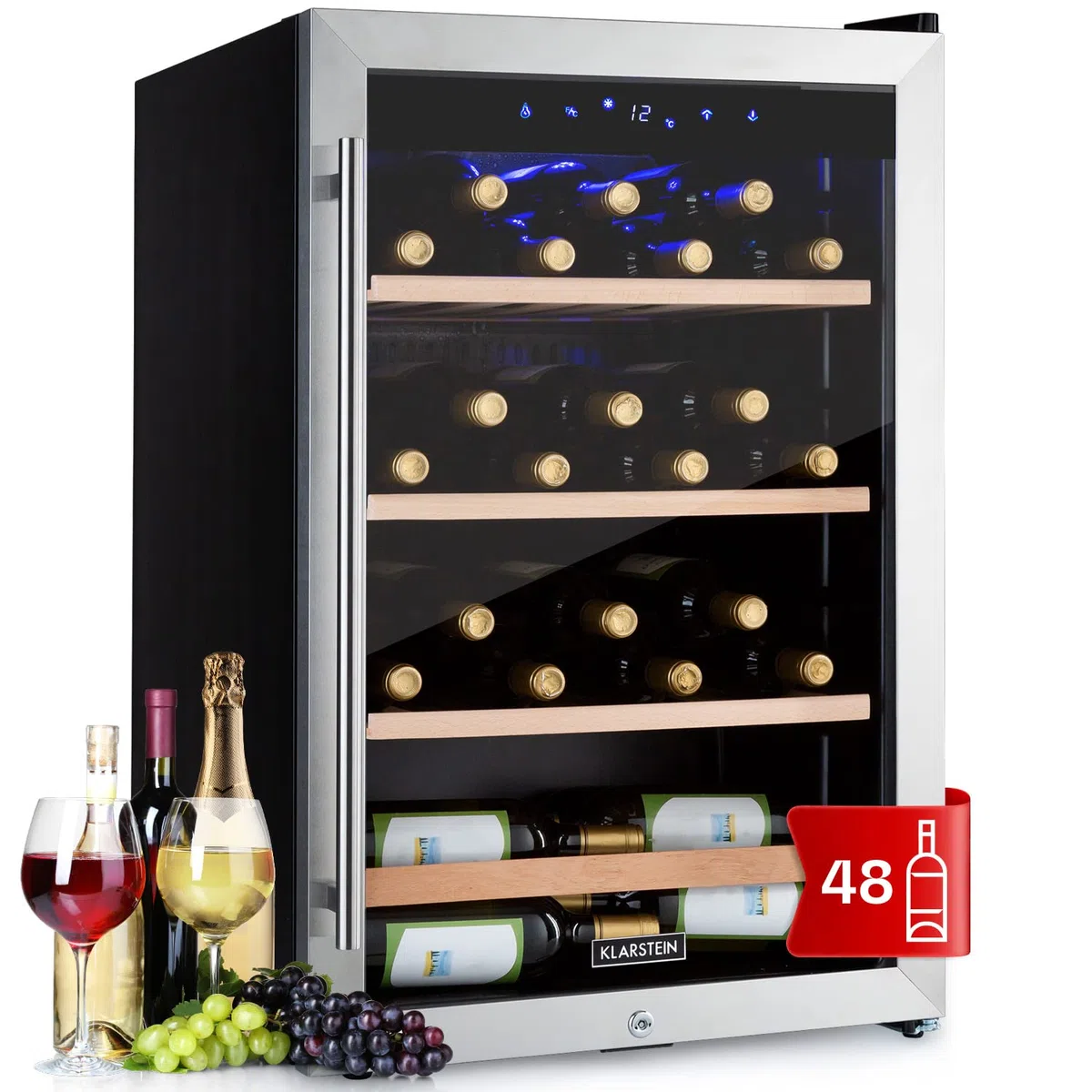 KLARSTEIN Cantinetta Vino, Frigo Bar con Vetrina, Mini Bar, Cantina Vino Refrigerata a Zona Singola per Interno/Esterni, 48 Bottiglie, 128L, Nero - Agrento