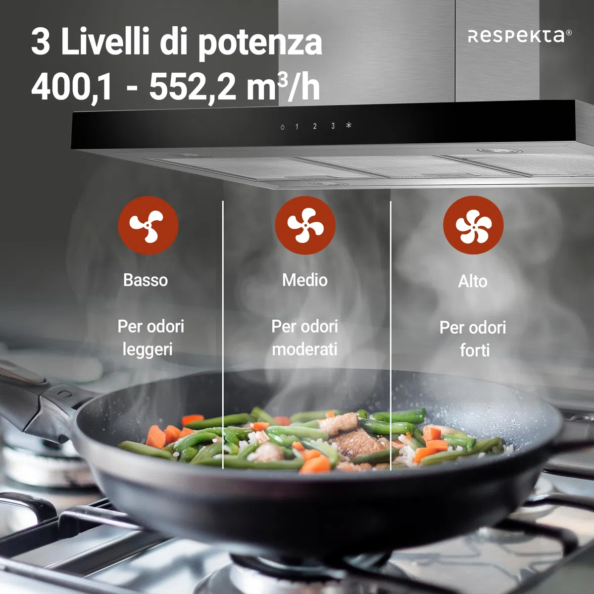 Respekta Cappa Aspirante, Cappa a Isola 90 cm, Struttura in acciaio inox con paralume in vetro Nero, Funzione di scarico e ricircolo d'aria, CH44099GISAM, A, 58–73 dB