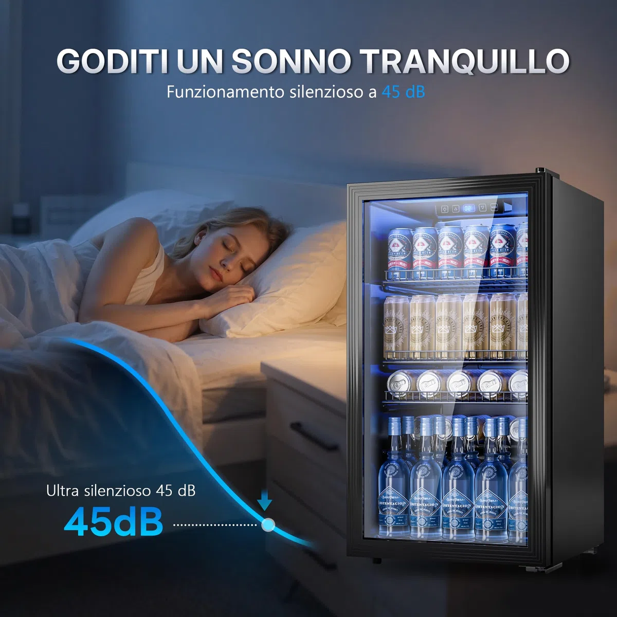TRIUMPHKEY Frigorifero per Bevande 90 L con Porta in Vetro, Mini Frigo per 128 Lattine, Ripiani Regolabili per Birra, Vino e Bibite, Ideale per Casa, Bar e Ufficio