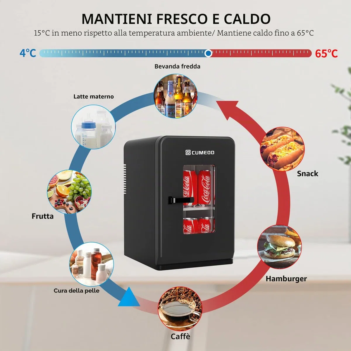Cumeod Mini Frigo da 15 Litri/21 Lattine, Frigorifero Piccolo con Funzione di Raffreddamento e Riscaldamento, 220V AC/12V DC per Casa, Ufficio e Viaggio, Cosmetici, Bevande, Cibo, Mode Max et ÉCO