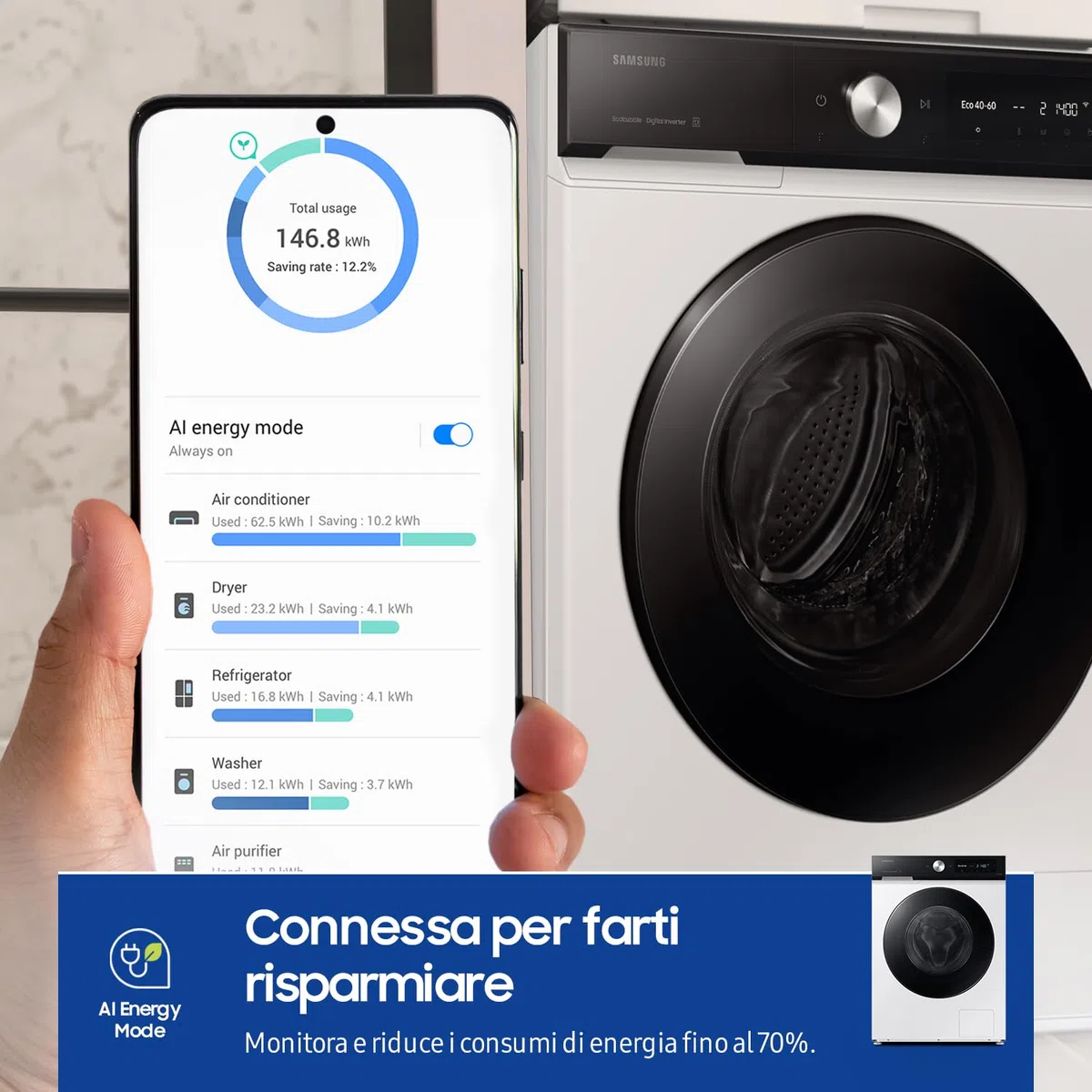 Samsung Lavatrice BESPOKE AI WW90DB7U94GE/U3 Libera installazione, 9 Kg, Wifi, Ecodosatore, Super Speed, AI Wash, Corpo: Bianco, Oblò: Nero, 60l x 85h x 60p cm