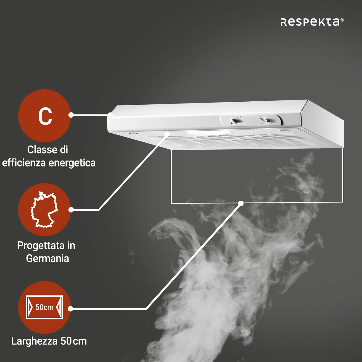 Respekta Cappa aspirante da incasso/cappa aspirante da incasso 50 cm/struttura in metallo/funzione di espulsione e ricircolo dell'aria / DH520WL / C / 52 – 68 dB
