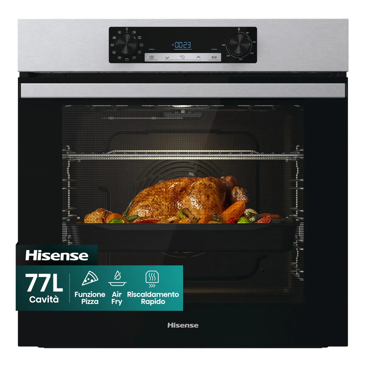Hisense BI62216AX - Forno da Incasso Multifunzione 77 L, Termoventilato, 11 Funzioni di Cottura, Pizza 300°C, Preriscaldamento Rapido, Pulizia Steam Clean, Guide Telescopiche, Display LED Touch – Inox