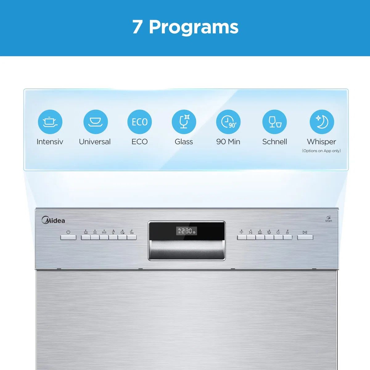 Midea MDWEU1435XSS-W, 14 controsoffitto, lavastoviglie 60 cm, parzialmente integrabile con WiFi, asciugatura extra, 7 programmi, 47 dB, ritardo di avvio 0-24h, acciaio inox