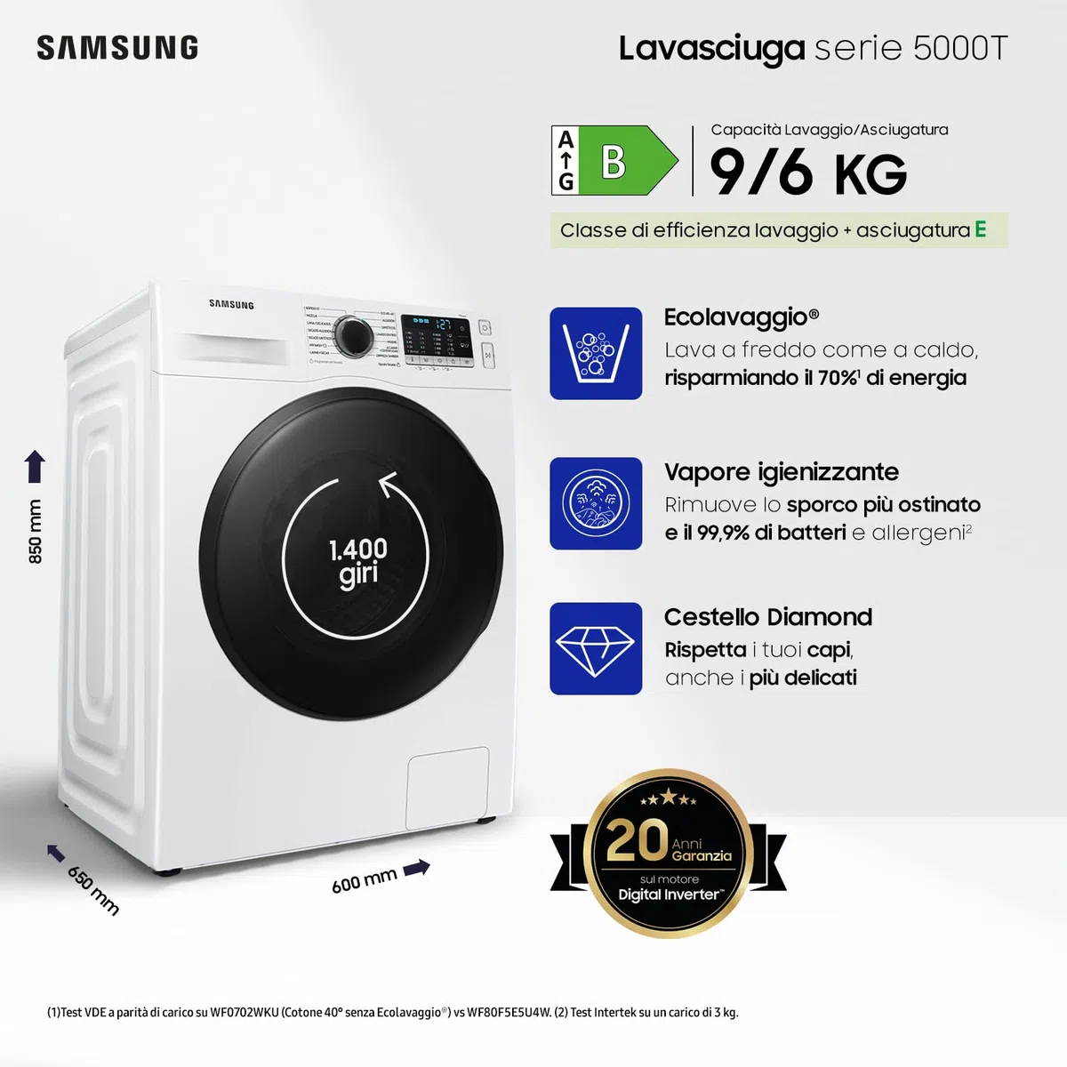 Samsung Lavasciuga Crystal Clean con Ecobubble, WD90TA046BE, 9+6 Kg, 1400 RPM, Classe B/E, Vapore, 60l x 85h x 65p cm (Ricondizionato)