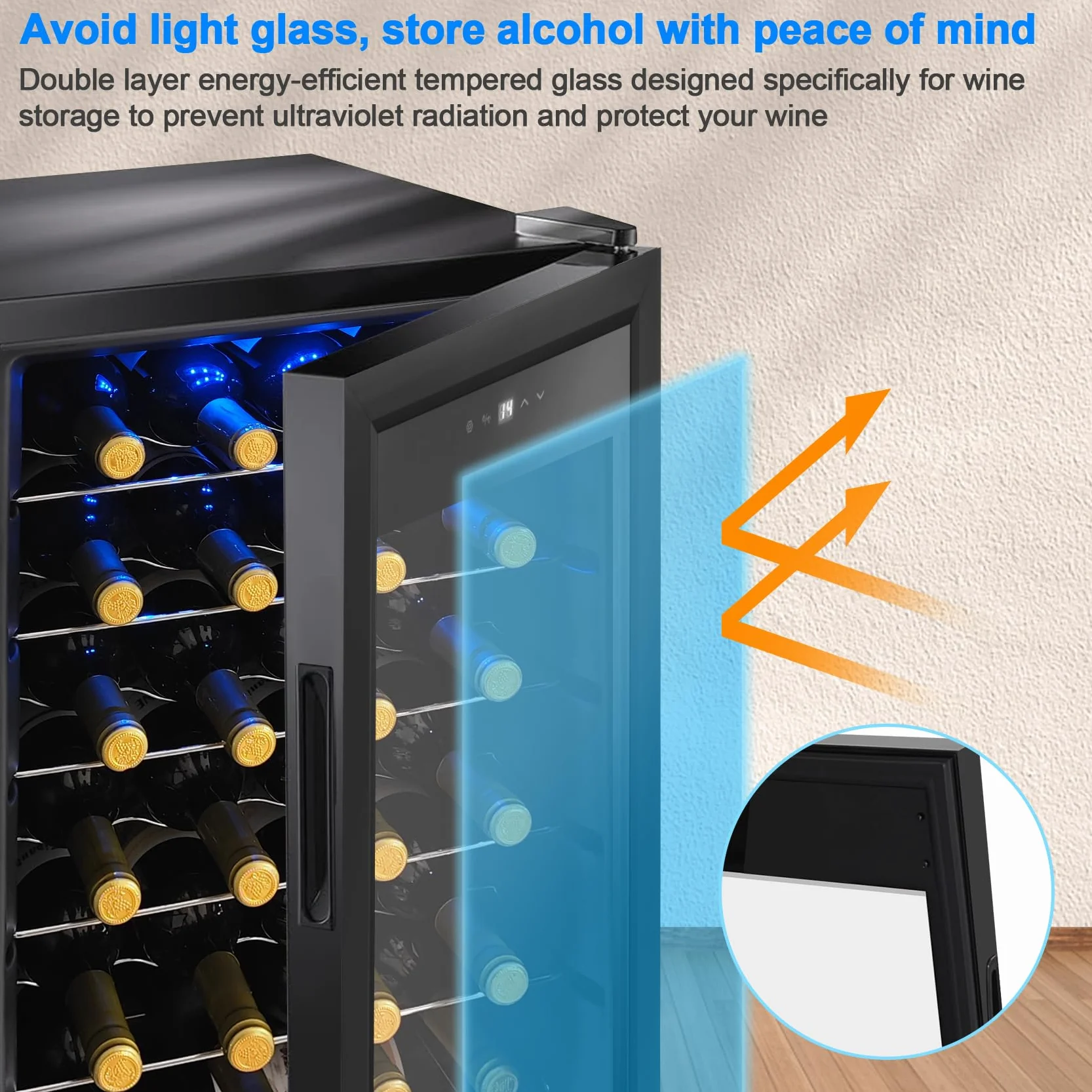 Display4top Frigorifero Cantinetta Frigo per Vini e bevande, Supporta 28 bottiglie, Porta in vetro temperato, termostato pannello touch(82L)