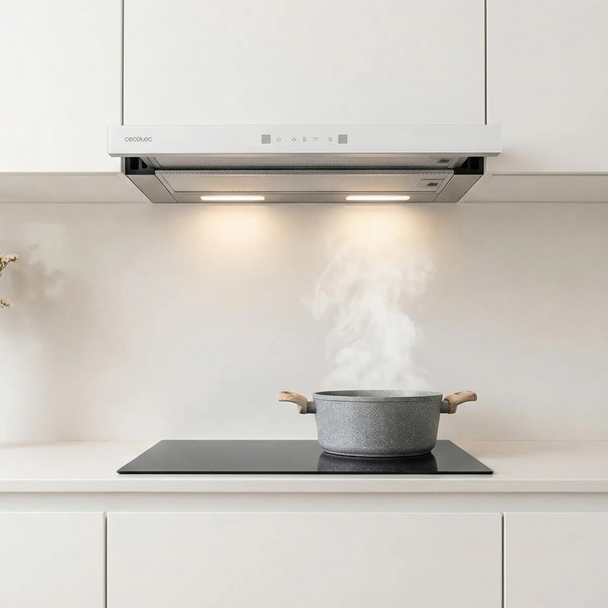 Cecotec Cappa Aspirante Telescopica Bolero Flux TLT 605501 Glass White A++, 60cm, 606,4m³/h Aspirazione, Classe A++, Controllo Touch Invisibile, Hand Movement Control, Booster, Filtri Lavabili
