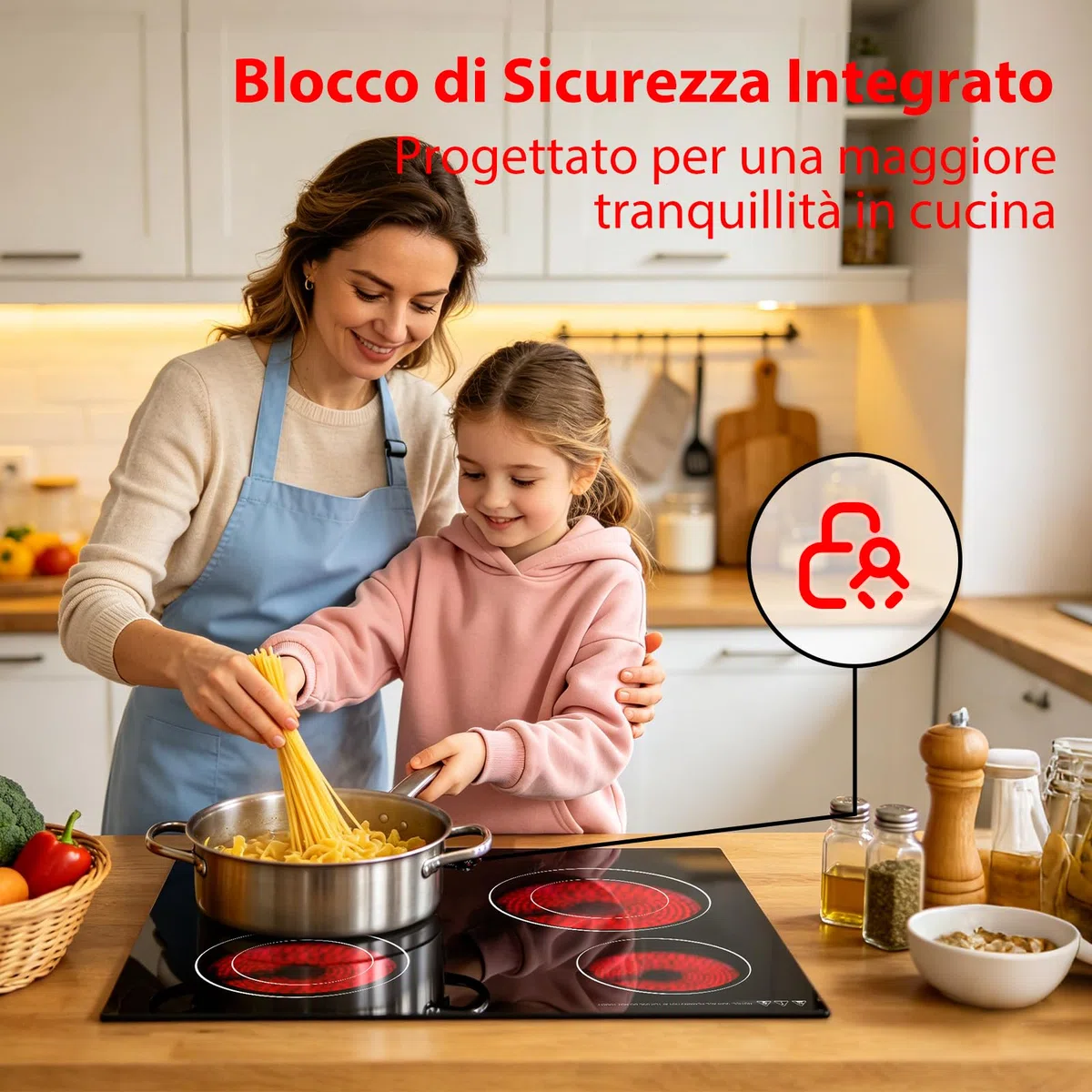 Piano Cottura in Vetroceramica 60 cm, 4 Zone, 6700W, Comandi Touch, Timer, Blocco Bambini, Superficie in Vetro Nero, Compatibile con Tutte le Pentole, Collegamento Fisso
