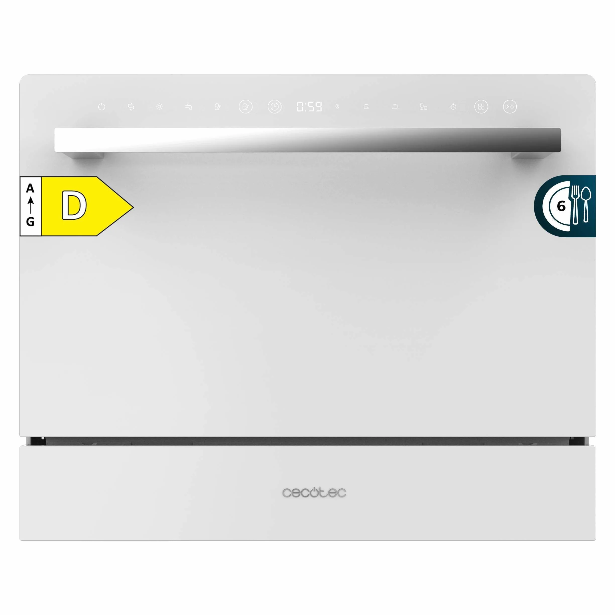 Cecotec Lavastoviglie Compact 6 Posate Bolero Aguazero 2400 White Glass, 1380 W, Finitura vetro bianco, 5 programmi, Controllo pannello touch, Programmabile fino a 24 ore, Child Lock e cestino per