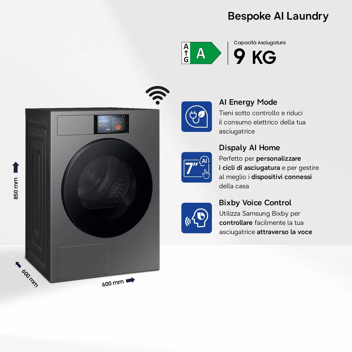 Samsung Asciugatrice Bespoke AI DV90F09F4S/U3, 9 kg, Pompa di Calore, Wifi, Controllo Vocale, Display AI Home, AI Dry, Carica Frontale, 60L x 85H x 60P cm