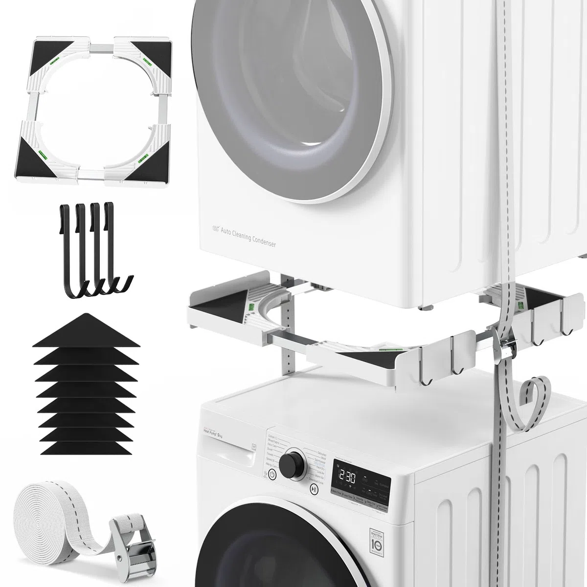 Slimline Kit Impilabile Universale per Lavatrice e Asciugatrice | Telaio Universale per Elettrodomestici da 45-68 cm, con Cinghie a Cricchetto, Cuscinetti Antiscivolo e 4 Ganci Salvaspazio