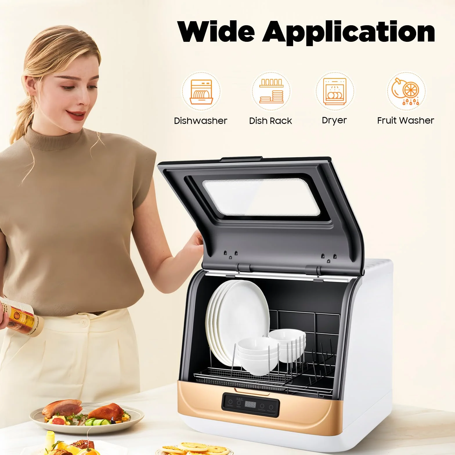 3 modalità di pulizia Lavastoviglie portatile, 800 W, 220 V, mini lavastoviglie da tavolo, per 4 – 6 set di posate, 45 x 40 x 44,8 cm (oro)