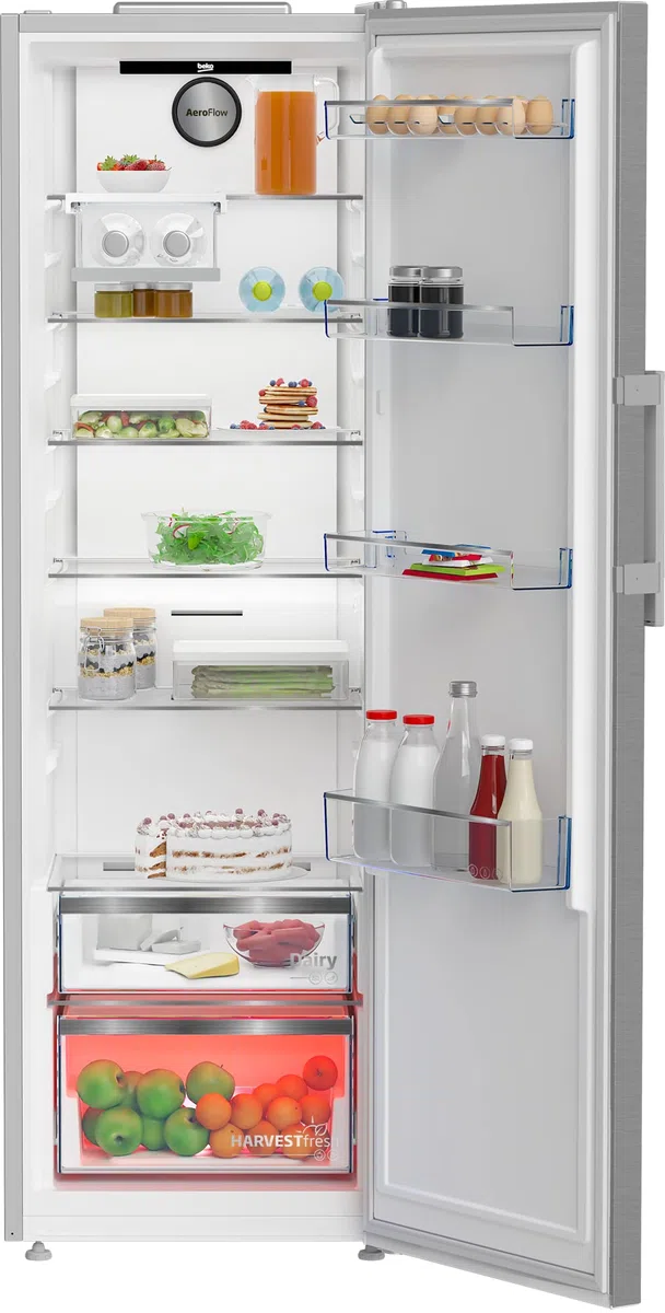BEKO - B5RMLNE444HX - Frigorifero Monoporta, Total NO FROST, Classe E, Inox, Display Touch, 381 litri, AeroFlow, Harvest Fresh, Dimensioni: HxLxP: 186,5x60x71, porta bottiglie