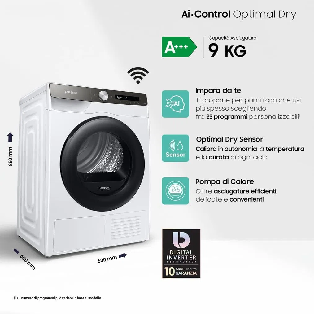 Samsung Asciugatrice DV90T5240AT/S3, 9 Kg, a pompa di calore, 60 x 85 x 60 cm, Porta Reversibile, Libera installazione