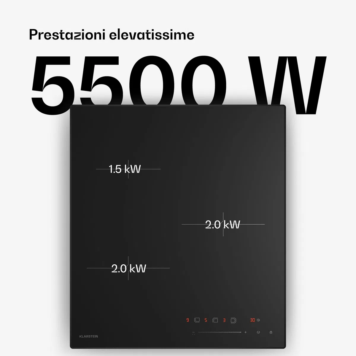 Klarstein Velaire Piano Induzione 45cm 3 Zone 5500W Cursore Touch Timer Blocco Bambini Vetro Nero