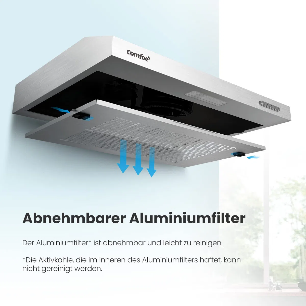 COMFEE CHU 3.6F17BS - Cappa aspirante da 60 cm, in acciaio inox, filtro in alluminio rimovibile, flusso d'aria 200 m³/h, 2 livelli, 1 luce LED, Inox, acciaio inossidabile e argento