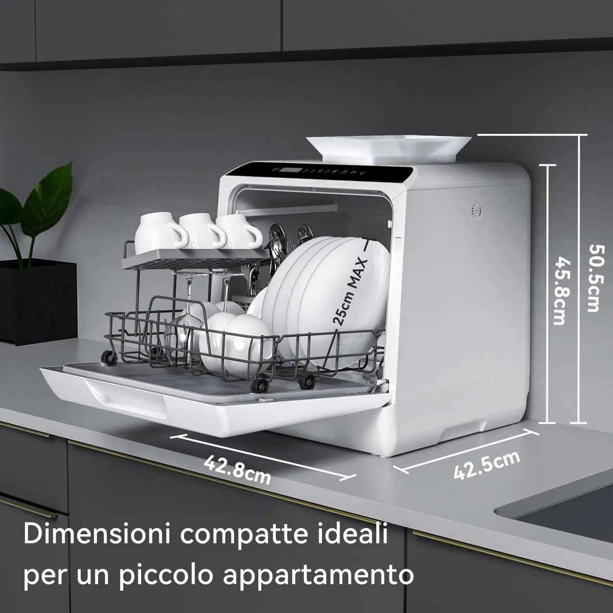 Hermitlux Lavastoviglie piccola con 4 Coperti, 6 Programmi lavastoviglie mini, Controllo touch, utilizzabile in Campeggio, Cucina, Ufficio, Bianco