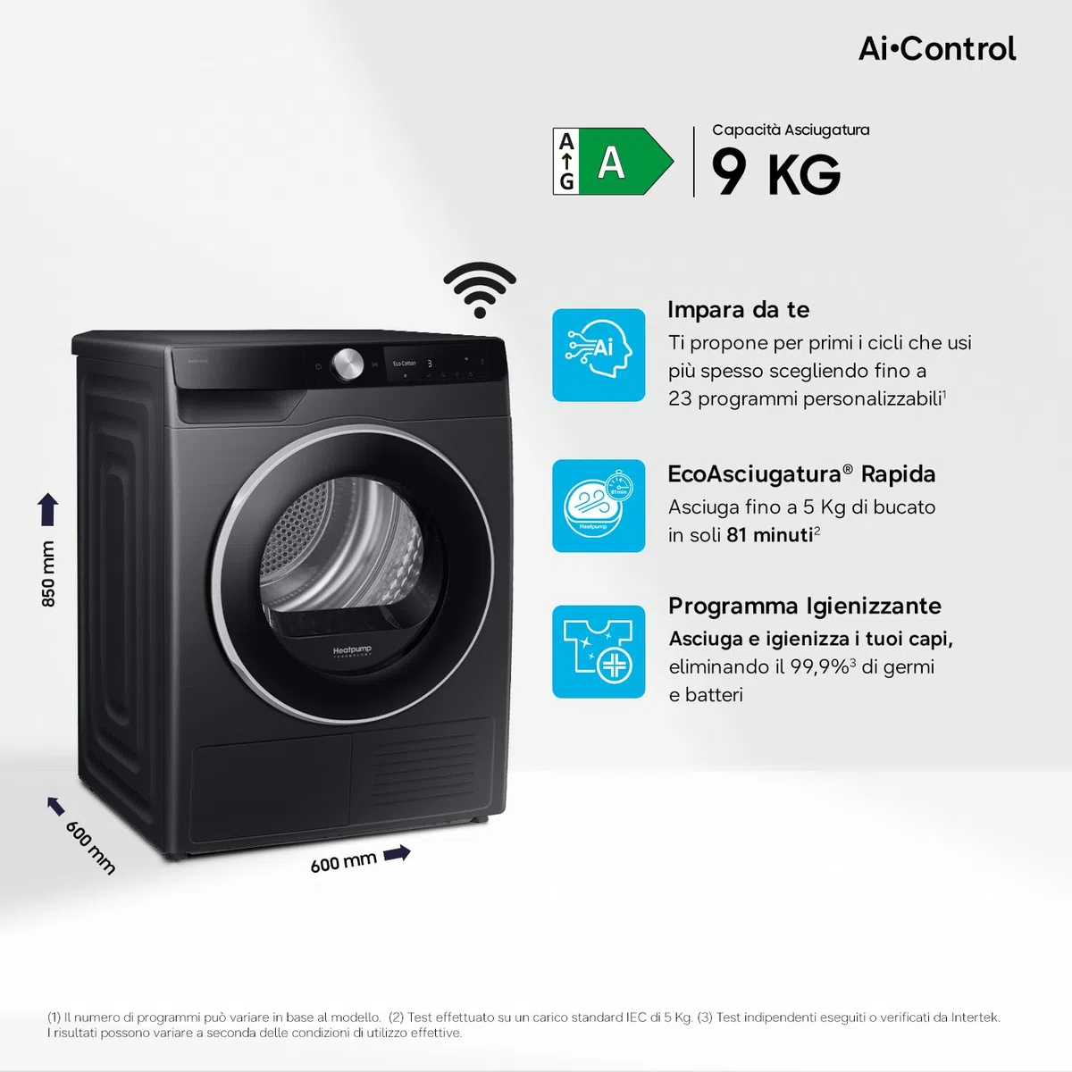 Samsung Asciugatrice Ai Control F-DT90DG68LB3M, 9 kg, Pompa di Calore, Wifi, QuickDrive, AI Dry, Sensore Optimal Dry, Display AI Control, 3 Mesi Garanzia Extra, Carica Frontale, 60L x 85H x 60P cm