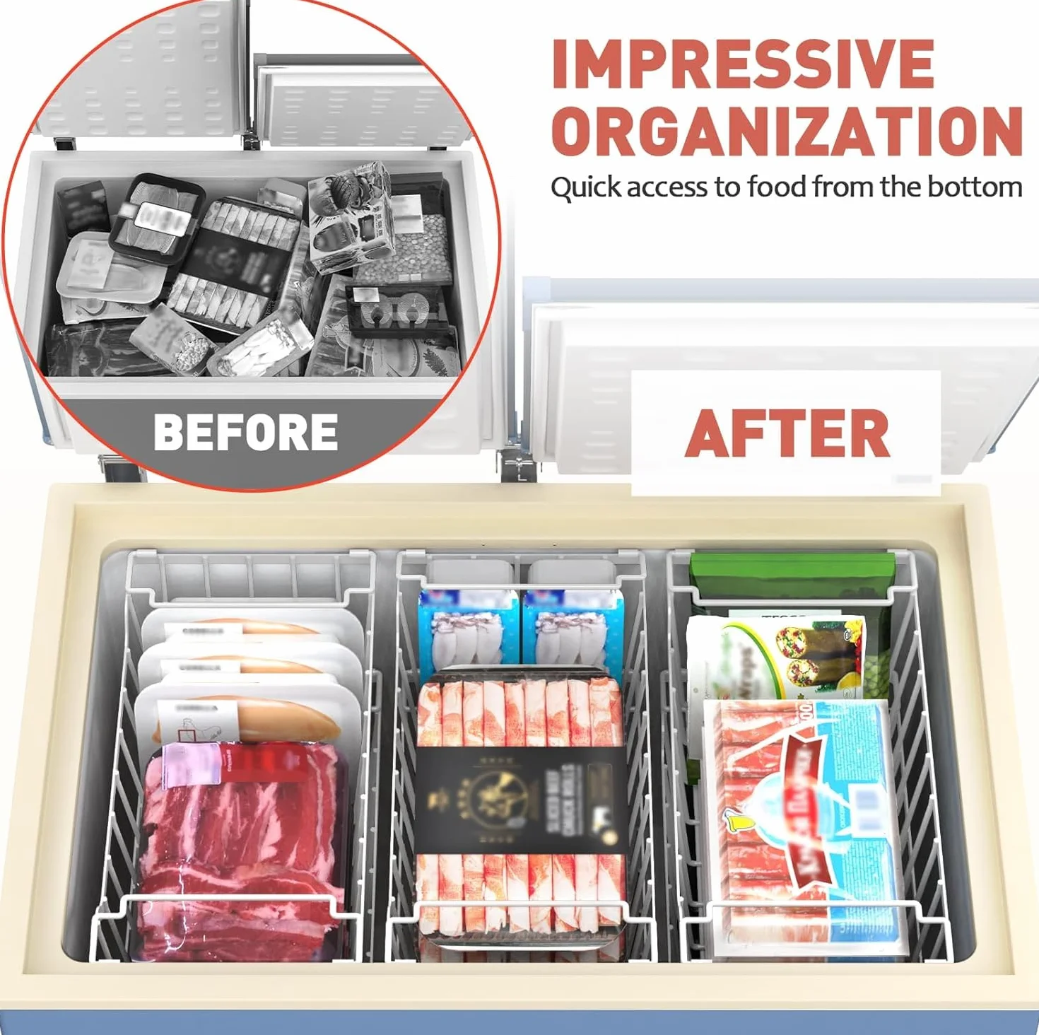 WELDUN Cestini per congelatore con manico pieghevole, confezione da 6 organizer impilabili per cassettiera piccola da 198 l, contenitori in metallo con spazio utilizzato, bianco